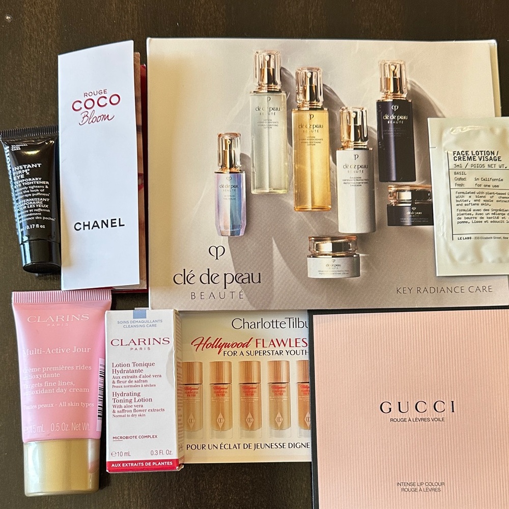 SOLD!!!8pcs travel size Charlotte Tilbury ,chanel , gucci , Le labo Clarins ….